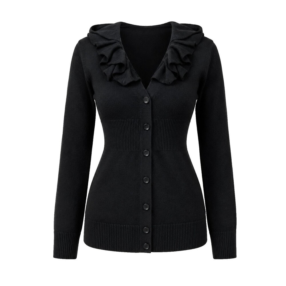 ELLE Black Ruffle Collar Button Cardigan Knit Stretch Sweater Womens XS Romantic